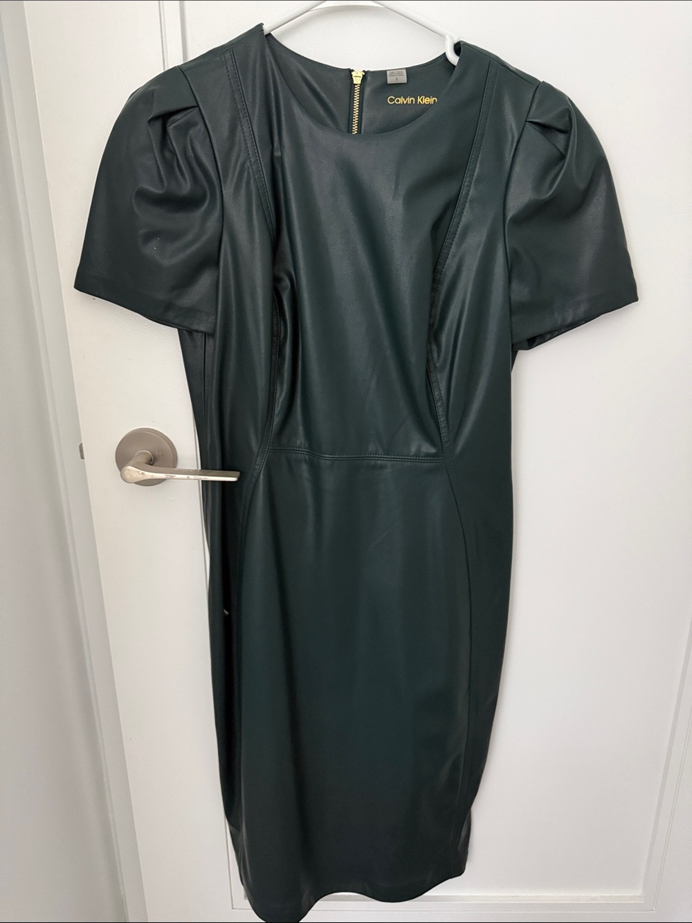 Calvin Klein Dark Green Faux-Leather Midi Dress with Puff Sleeves